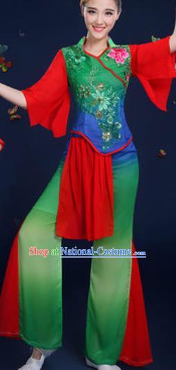 Traditional Chinese Fan Dance Deep Green Clothing Folk Dance Yangko Stage Performance Costume for Women