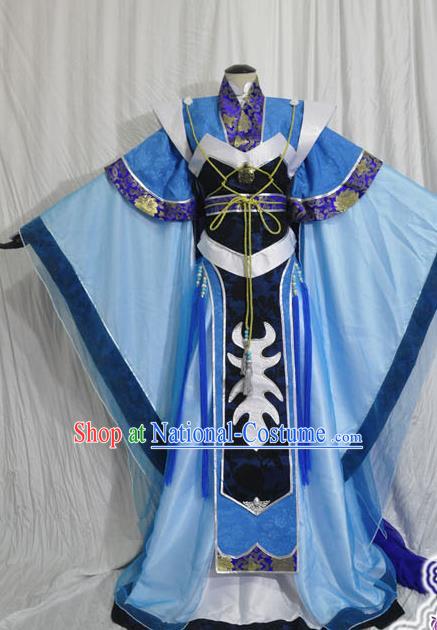 Traditional Chinese Cosplay Swordsman Blue Hanfu Clothing Ancient Prince Embroidered Costume for Men