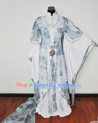 Traditional Chinese Han Dynasty Swordswoman Blue Hanfu Dress Ancient Female Knight Embroidered Costume for Women