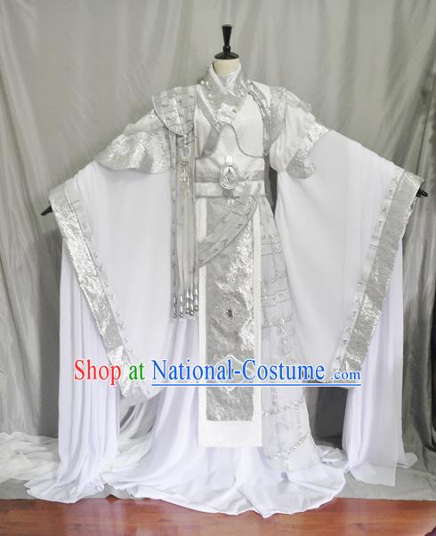 Traditional Chinese Cosplay Swordsman White Hanfu Clothing Ancient Prince Embroidered Costume for Men