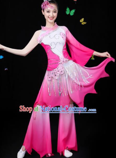 Chinese Traditional Classical Dance Lotus Dance Rosy Dress Umbrella Dance Group Dance Stage Performance Costume for Women