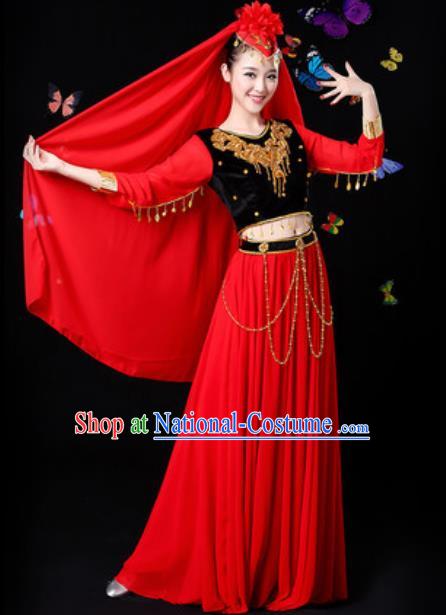 Traditional Chinese Minority Ethnic Red Dress Uyghur Nationality Folk Dance Stage Performance Costume for Women