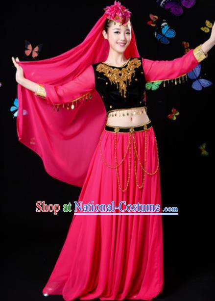 Traditional Chinese Minority Ethnic Rosy Dress Uyghur Nationality Folk Dance Stage Performance Costume for Women