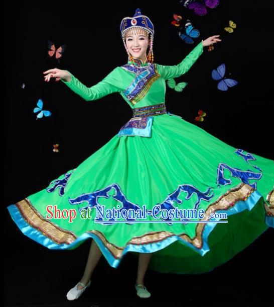 Traditional Chinese Minority Ethnic Green Dress Mongol Nationality Folk Dance Stage Performance Costume for Women