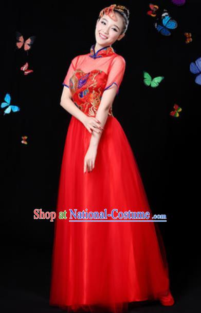 Chinese Traditional Classical Dance Red Veil Dress Umbrella Dance Group Dance Stage Performance Costume for Women