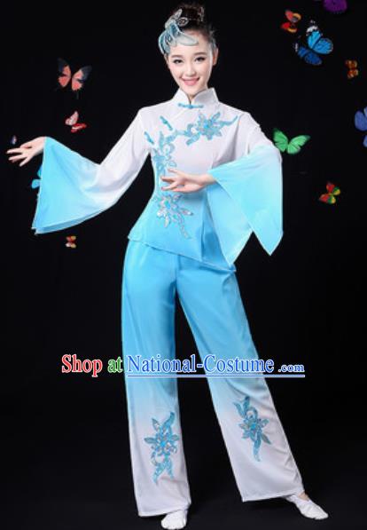 Traditional Chinese Yangko Dance Light Blue Clothing Folk Dance Fan Dance Stage Performance Costume for Women