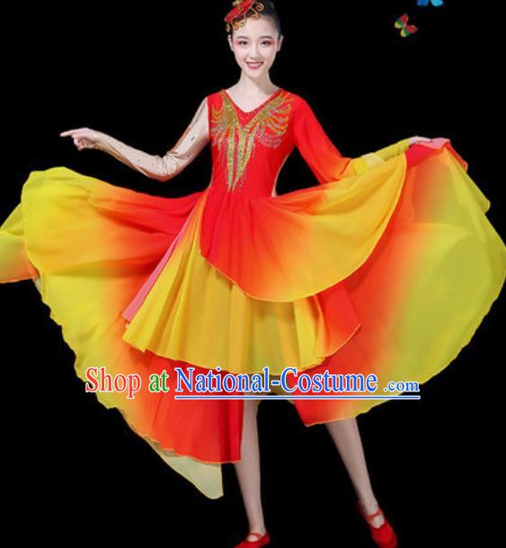 Chinese Traditional Classical Dance Red Dress Umbrella Dance Group Dance Stage Performance Costume for Women