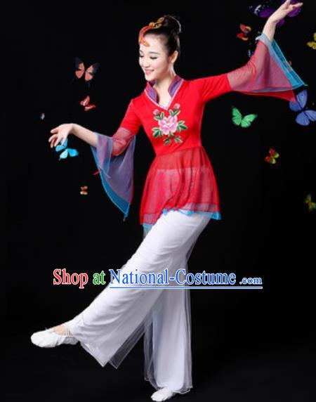 Traditional Chinese Yangko Dance Red Veil Clothing Folk Dance Fan Dance Stage Performance Costume for Women