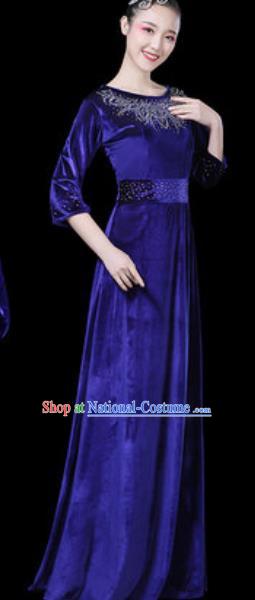 Traditional Chinese Modern Dance Royalblue Dress Chorus Stage Performance Costume for Women