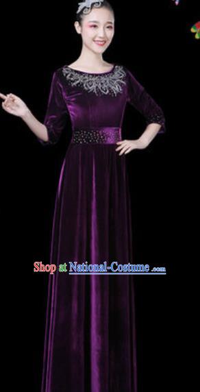 Traditional Chinese Modern Dance Purple Dress Chorus Stage Performance Costume for Women