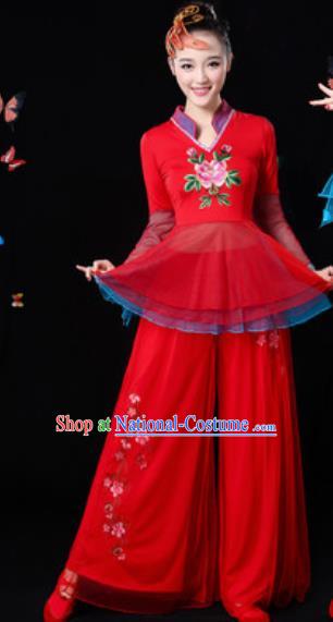 Traditional Chinese Yangko Group Dance Red Veil Clothing Folk Dance Fan Dance Stage Performance Costume for Women