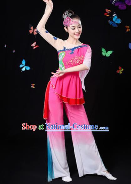 Traditional Chinese Yangko Group Dance Rosy Clothing Folk Dance Fan Dance Stage Performance Costume for Women