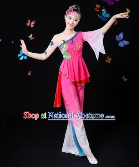 Traditional Chinese Yangko Group Dance Rosy Clothing Folk Dance Fan Dance Stage Performance Costume for Women