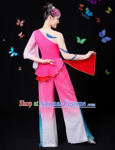 Traditional Chinese Yangko Group Dance Rosy Clothing Folk Dance Fan Dance Stage Performance Costume for Women