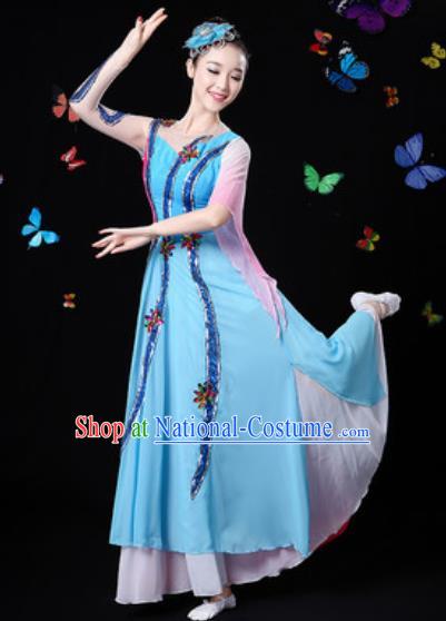 Chinese Traditional Classical Dance Blue Dress Umbrella Dance Group Dance Stage Performance Costume for Women