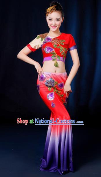 Traditional Chinese Minority Ethnic Red Dress Dai Nationality Peacock Dance Stage Performance Costume for Women