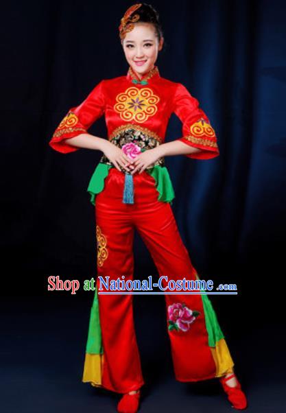 Traditional Chinese Yangko Fan Dance Group Dance Red Clothing Folk Dance Stage Performance Costume for Women