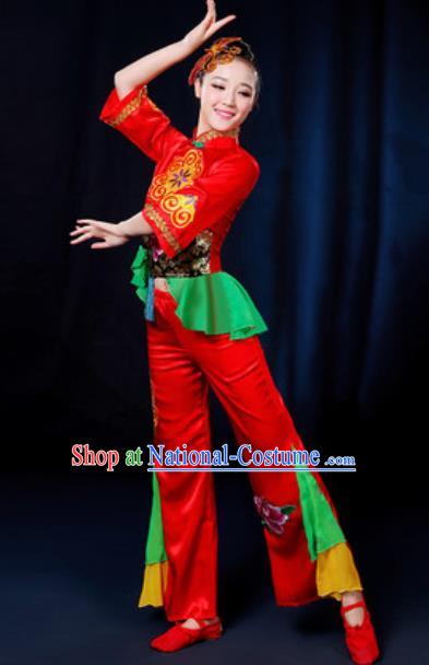 Traditional Chinese Yangko Fan Dance Group Dance Red Clothing Folk Dance Stage Performance Costume for Women