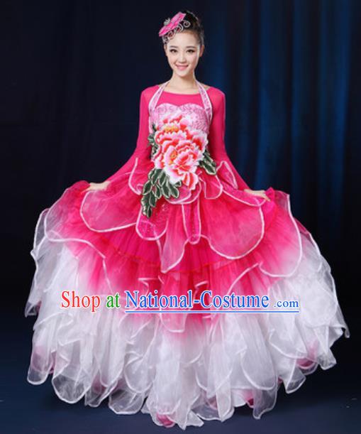 Traditional Chinese Modern Dance Peony Dance Rosy Dress Spring Festival Gala Opening Dance Stage Performance Costume for Women