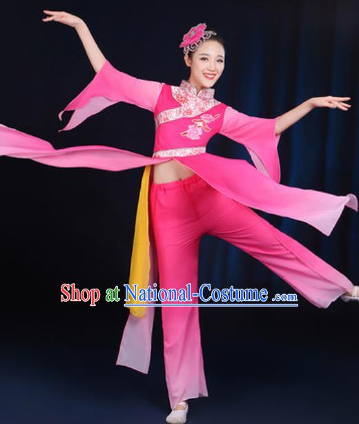 Chinese Traditional Umbrella Dance Group Dance Rosy Dress Classical Dance Stage Performance Costume for Women