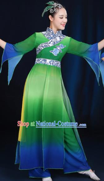 Chinese Traditional Umbrella Dance Group Dance Green Dress Classical Dance Stage Performance Costume for Women