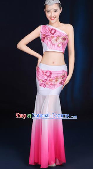 Traditional Chinese Minority Ethnic Pink Dress Dai Nationality Peacock Dance Stage Performance Costume for Women