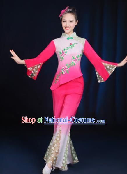 Traditional Chinese Yangko Fan Dance Rosy Clothing Folk Dance Stage Performance Costume for Women