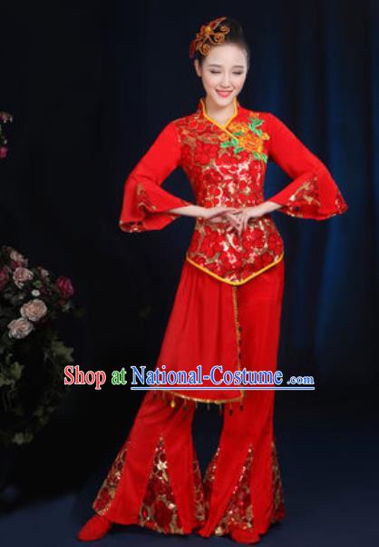 Traditional Chinese Fan Dance Red Clothing Folk Dance Yangko Stage Performance Costume for Women