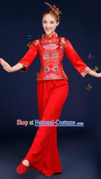 Traditional Chinese Fan Dance Red Satin Clothing Folk Dance Yangko Stage Performance Costume for Women