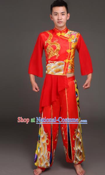 Traditional Chinese Drum Dance Red Clothing Folk Dance Yangko Stage Performance Costume for Men