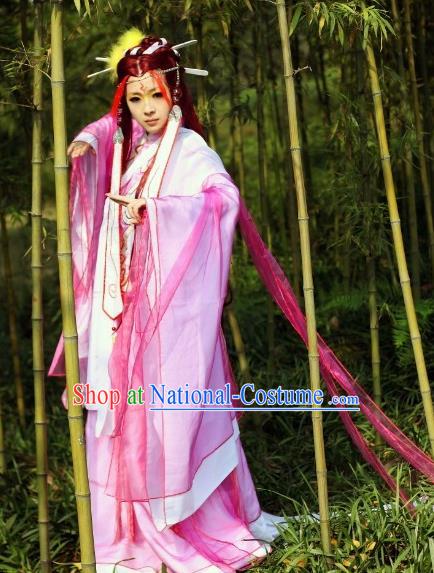 Traditional Chinese Cosplay Peri Princess Pink Hanfu Dress Ancient Swordswoman Embroidered Costume for Women