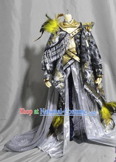 Traditional Chinese Cosplay Young Swordsman Grey Hanfu Clothing Ancient Knight Hero Embroidered Costume for Men