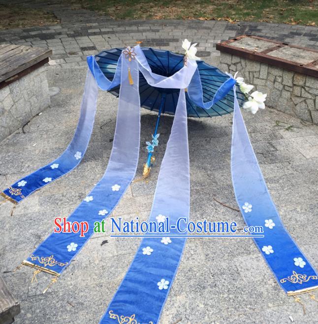 Traditional Chinese Handmade Blue Ribbon Umbrellas Ancient Swordswoman Hanfu Umbrella for Women