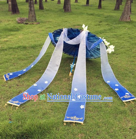 Traditional Chinese Handmade Blue Ribbon Umbrellas Ancient Swordswoman Hanfu Umbrella for Women