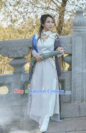 Traditional Chinese Cosplay Swordswoman White Hanfu Dress Ancient Heroine Embroidered Costume for Women