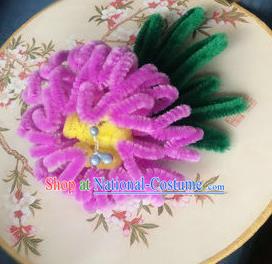 Traditional Chinese Qing Dynasty Rosy Velvet Chrysanthemum Hairpins Handmade Ancient Palace Hair Accessories for Women