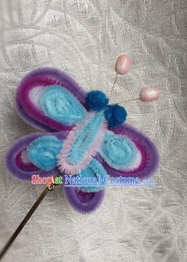 Traditional Chinese Qing Dynasty Purple Velvet Butterfly Hairpins Handmade Ancient Palace Hair Accessories for Women