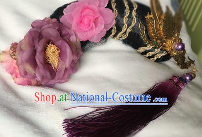 Traditional Chinese Qing Dynasty Imperial Consort Purple Peony Headwear Ancient Palace Manchu Hair Accessories for Women