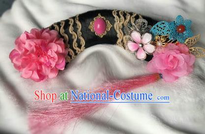 Traditional Chinese Qing Dynasty Imperial Consort Rosy Peony Headwear Ancient Palace Manchu Hair Accessories for Women