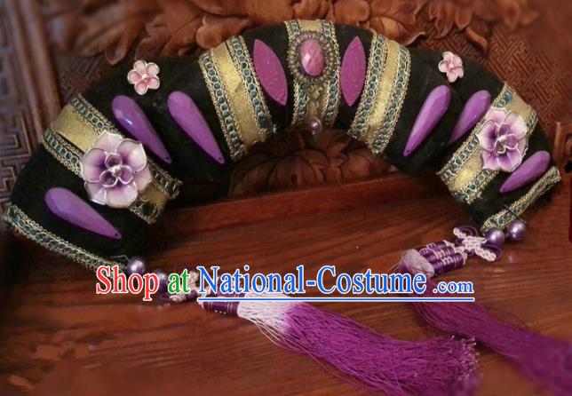 Traditional Chinese Qing Dynasty Palace Lady Purple Tassel Headwear Ancient Manchu Hair Accessories for Women