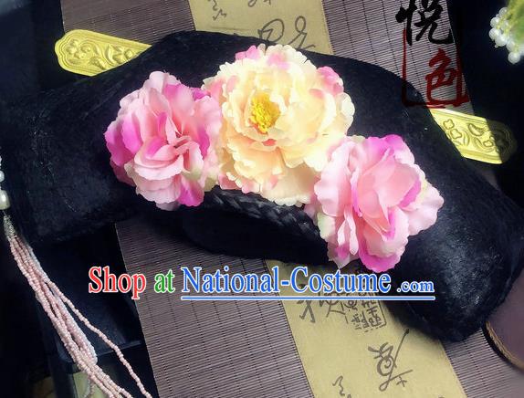 Traditional Chinese Qing Dynasty Palace Lady Pink Peony Headwear Ancient Manchu Hair Accessories for Women