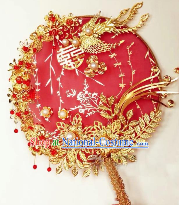 Traditional Chinese Wedding Palace Fans Ancient Palace Bride Red Round Fan Accessories for Women