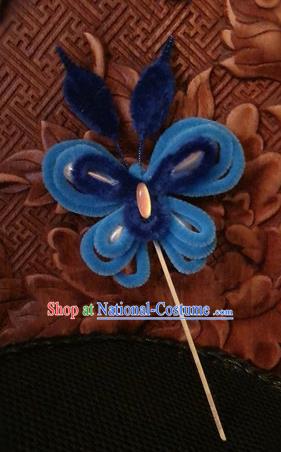 Traditional Chinese Qing Dynasty Royalblue Velvet Butterfly Hairpins Handmade Ancient Palace Hair Accessories for Women