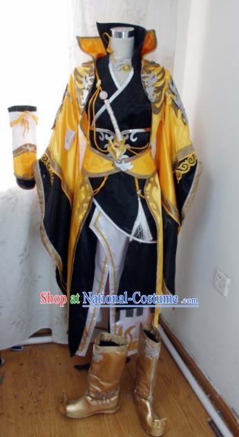 Traditional Chinese Cosplay Knight Yellow Clothing Ancient Swordsman Embroidered Costume for Men