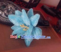 Traditional Chinese Qing Dynasty Blue Velvet Lotus Hairpins Handmade Ancient Manchu Lady Hair Accessories for Women