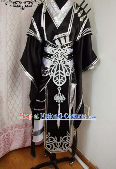 Traditional Chinese Cosplay Knight Prince Black Clothing Ancient Swordsman Embroidered Costume for Men