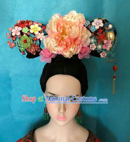 Traditional Chinese Qing Dynasty Palace Princess Pink Peony Headwear Ancient Manchu Lady Hair Accessories for Women