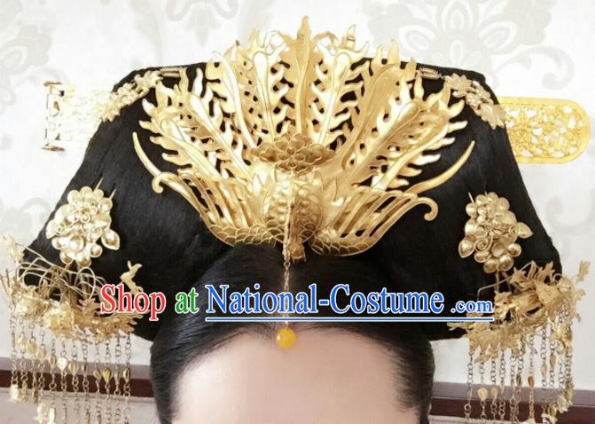 Traditional Chinese Qing Dynasty Palace Golden Phoenix Headwear Ancient Manchu Lady Hair Accessories for Women