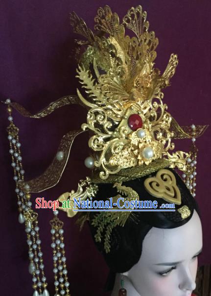 Traditional Chinese Tang Dynasty Queen Golden Phoenix Coronet Hairpins Handmade Ancient Palace Hair Accessories for Women