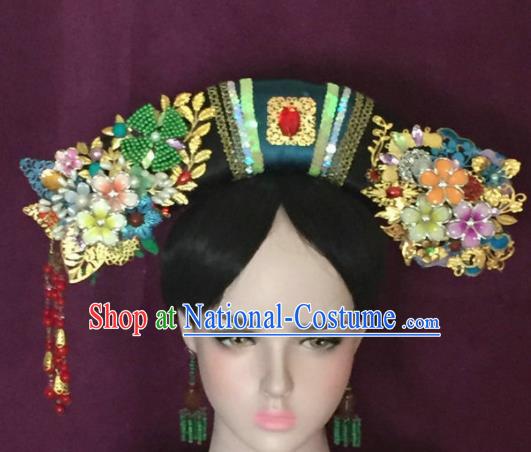 Traditional Chinese Qing Dynasty Imperial Consort Flowers Tassel Headwear Ancient Manchu Lady Hair Accessories for Women